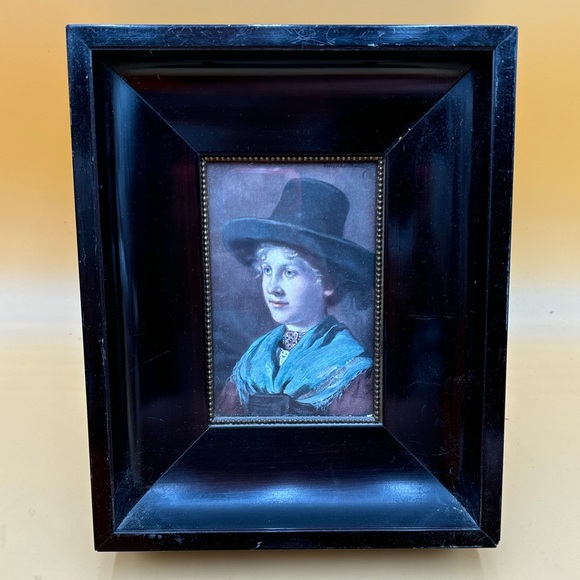 Antique lady portrait signed by artist, lady with hat
